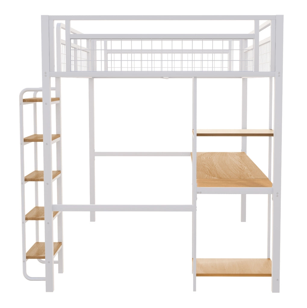 Letto a soppalco in metallo 140x200 cm bianco con scrivania; ripiani e scala di sicurezza