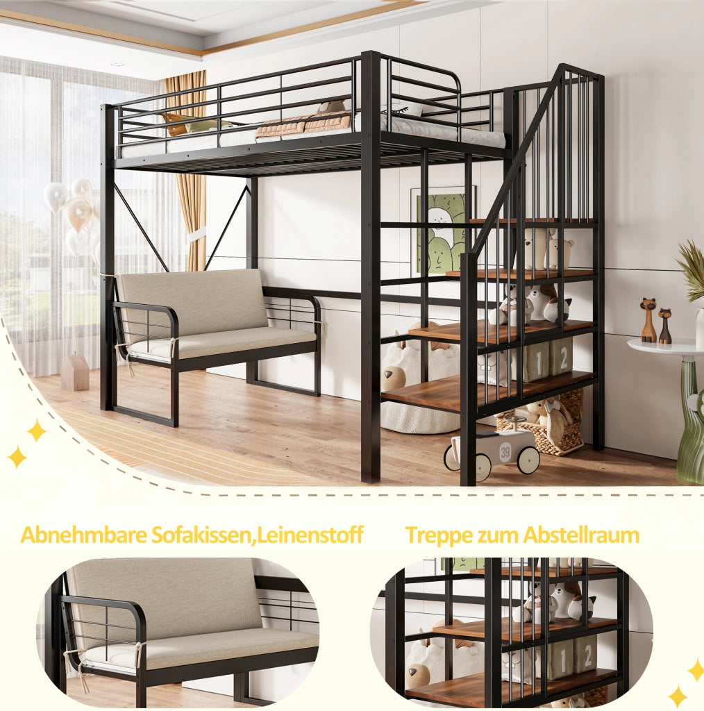 LETTO A CASTELLO 90x200 cm in metallo e MDF nero con divano imbottito rimovibile