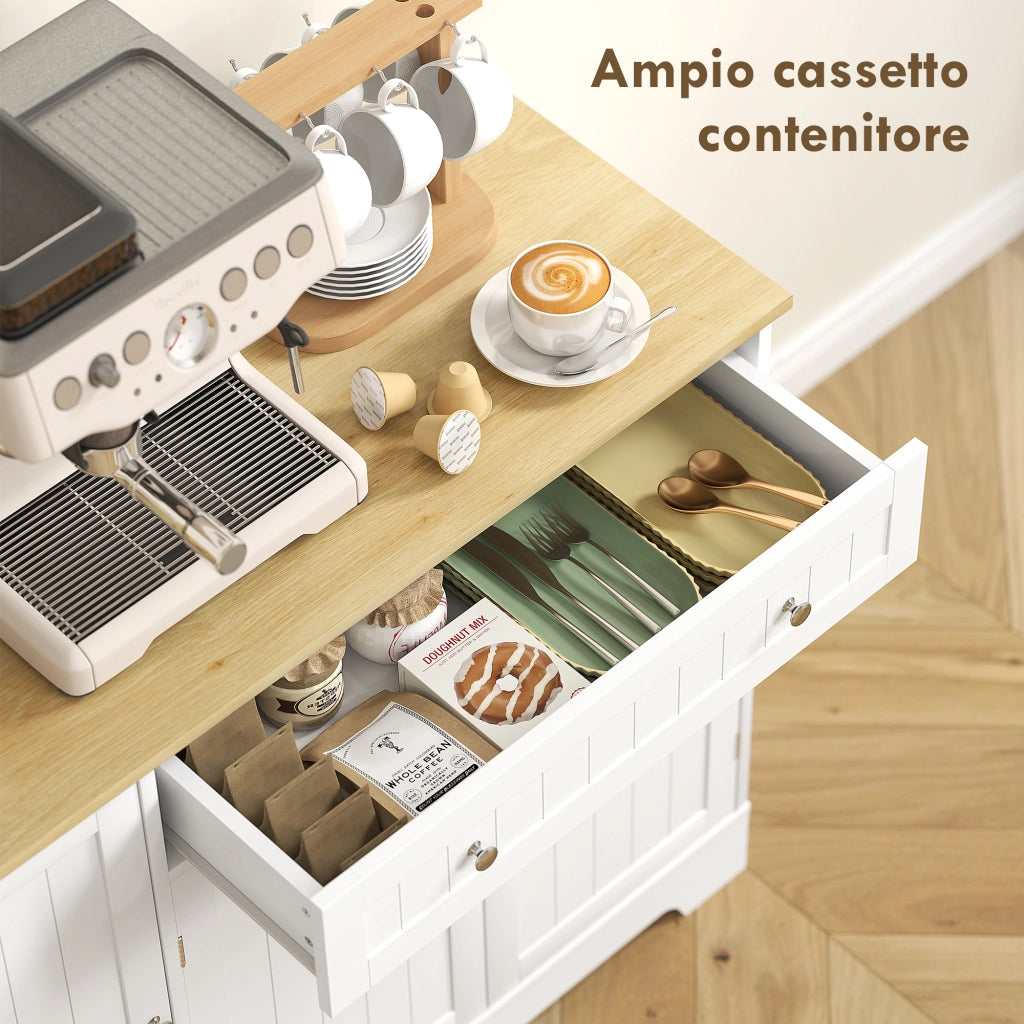 Credenza Moderna 105x40x83 cm Mobile Buffet con Cassetto e Armadietti in MDF Bianco