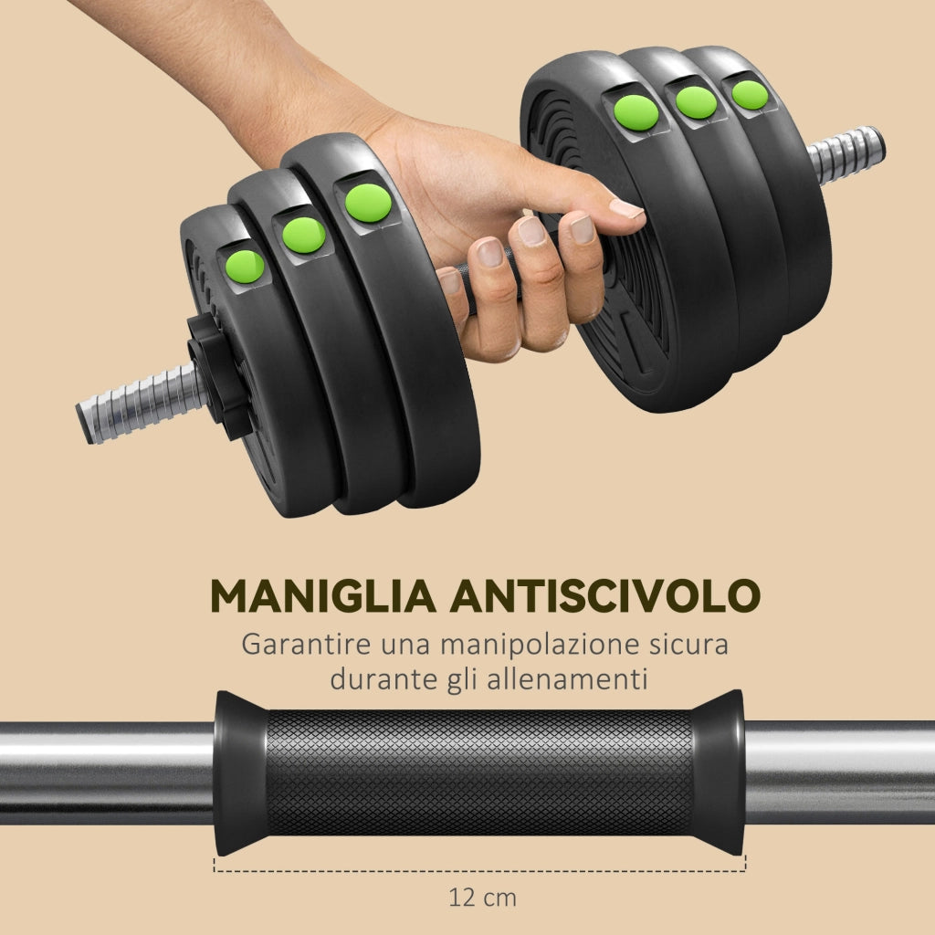 Set 2 in 1 con 2 Manubri Convertibili in Bilanciere Peso Totale 30 kg e Dischi Pesi Regolabili Nero