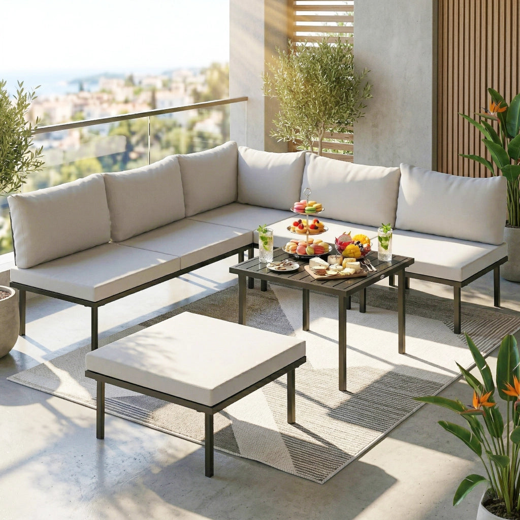 Set lounge giardino 5-6 persone con divano 2 posti sedie tavolo poggiapiedi ¨C Xylo ¨C Polyrattan grigio