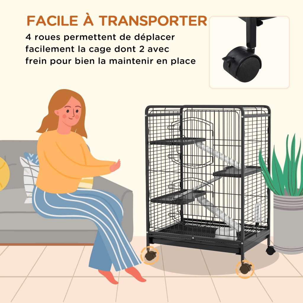 Gabbia per Animali Domestici con Ruote 3 Rampy 3 Piattaforme ¨C zephmum ¨C Nero Acciaio PP 61.5x44x95cm