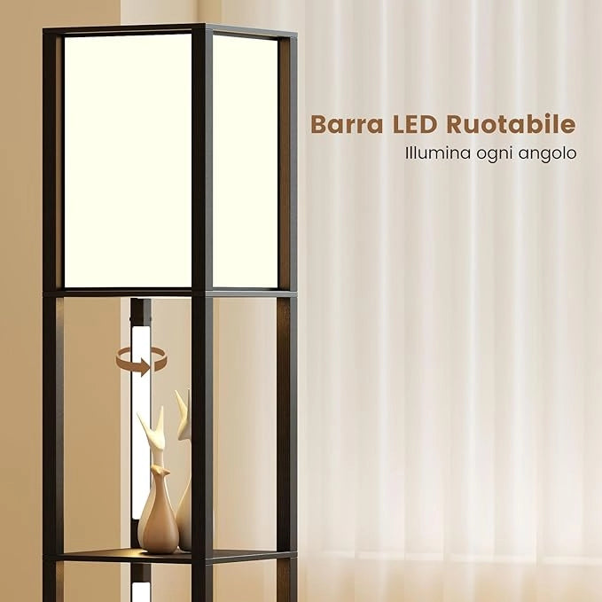 Lampada da Terra Moderna con Scaffali, Lampada a Mensola in Legno con 3 Strisce LED, Paralume, Luminosità Regolabile e Interruttore a Pedale, Scaffale Autoportante con Luce