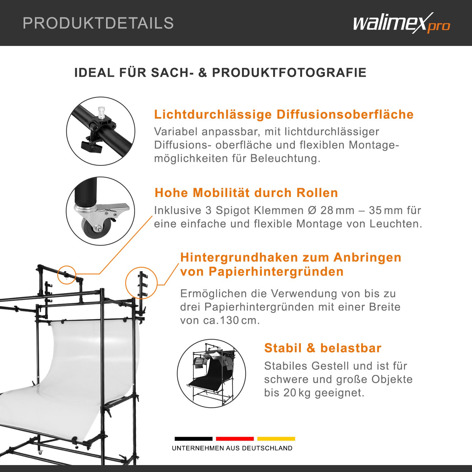 tavolo da ripresa mobile XXL - Tavolo da ripresa mobile professionale per scatti perfetti di prodotti fino a 20 kg - con altezza variabile, superficie di diffusione