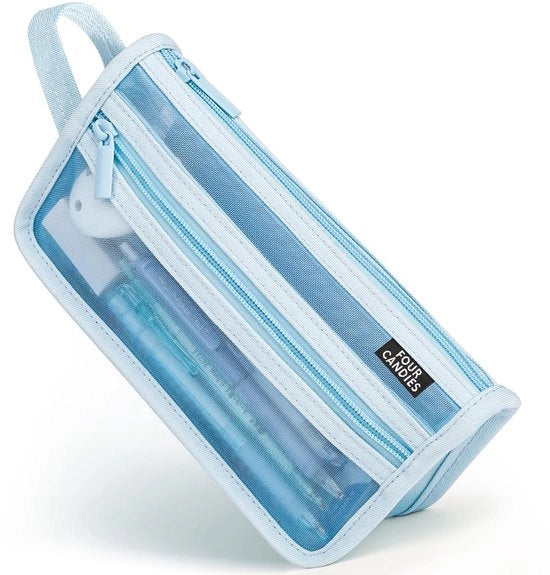 Etui a quattro raccordi con manico e chiusura a rits, contenitore trasparente a doppia parete per pennarelli, etui per matite, kit per trucco per viaggi, organizzatore trasparente per oggetti da ufficio