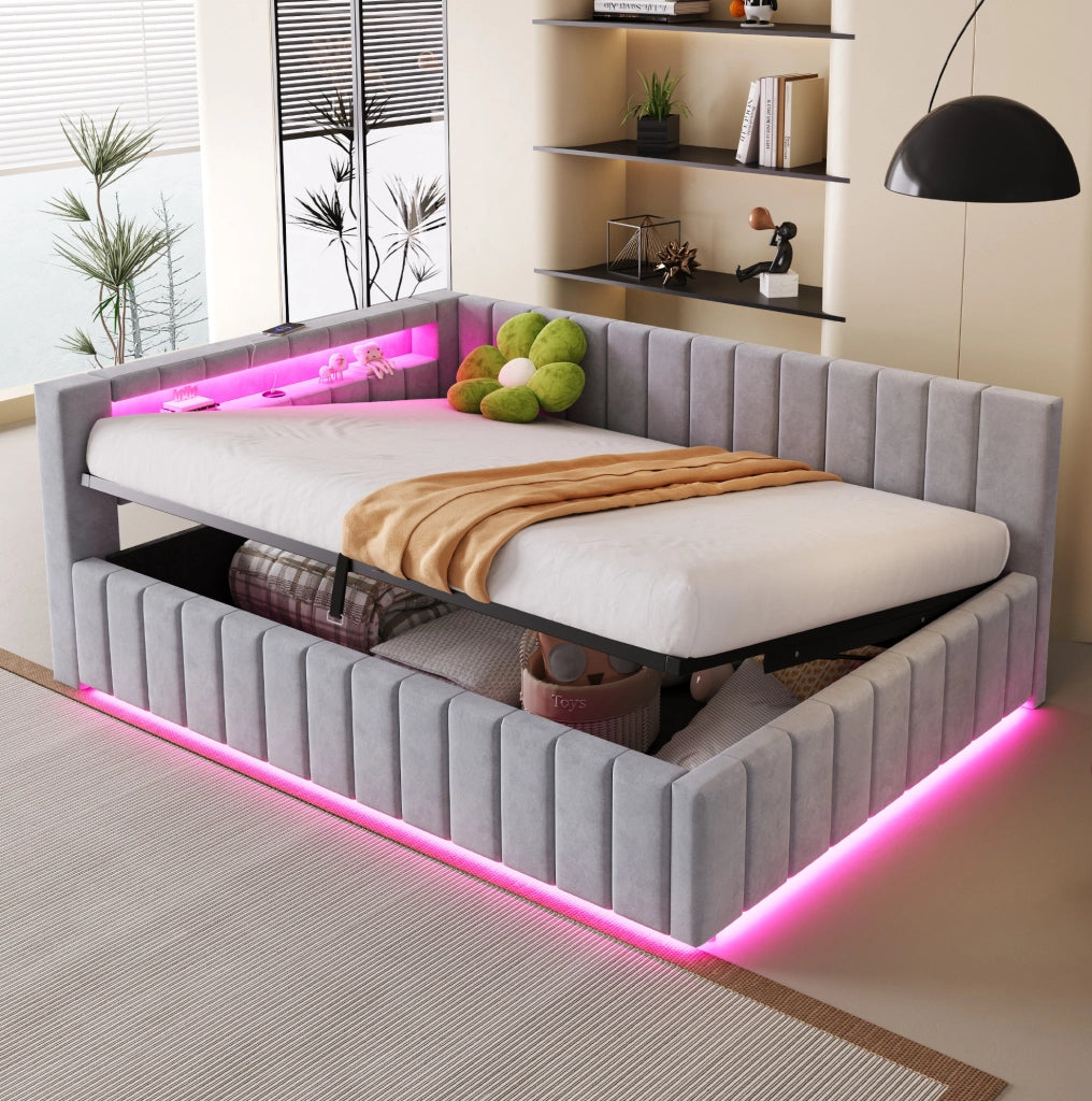 Letto imbottito matrimoniale 140x200 con contenitore; LED e USB; velluto grigio