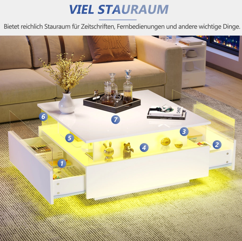 Tavolino da salotto moderno bianco 70x70x41 cm con LED; 2 cassetti e vano trasparente