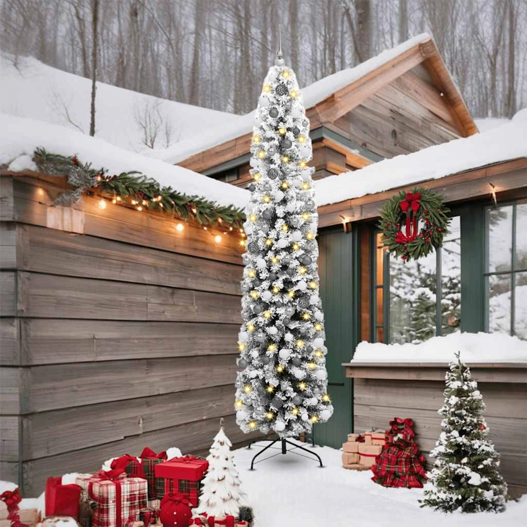 Albero di Natale sottile con 300 LED & Set di palline & Neve imbiancata Verde 240 cm