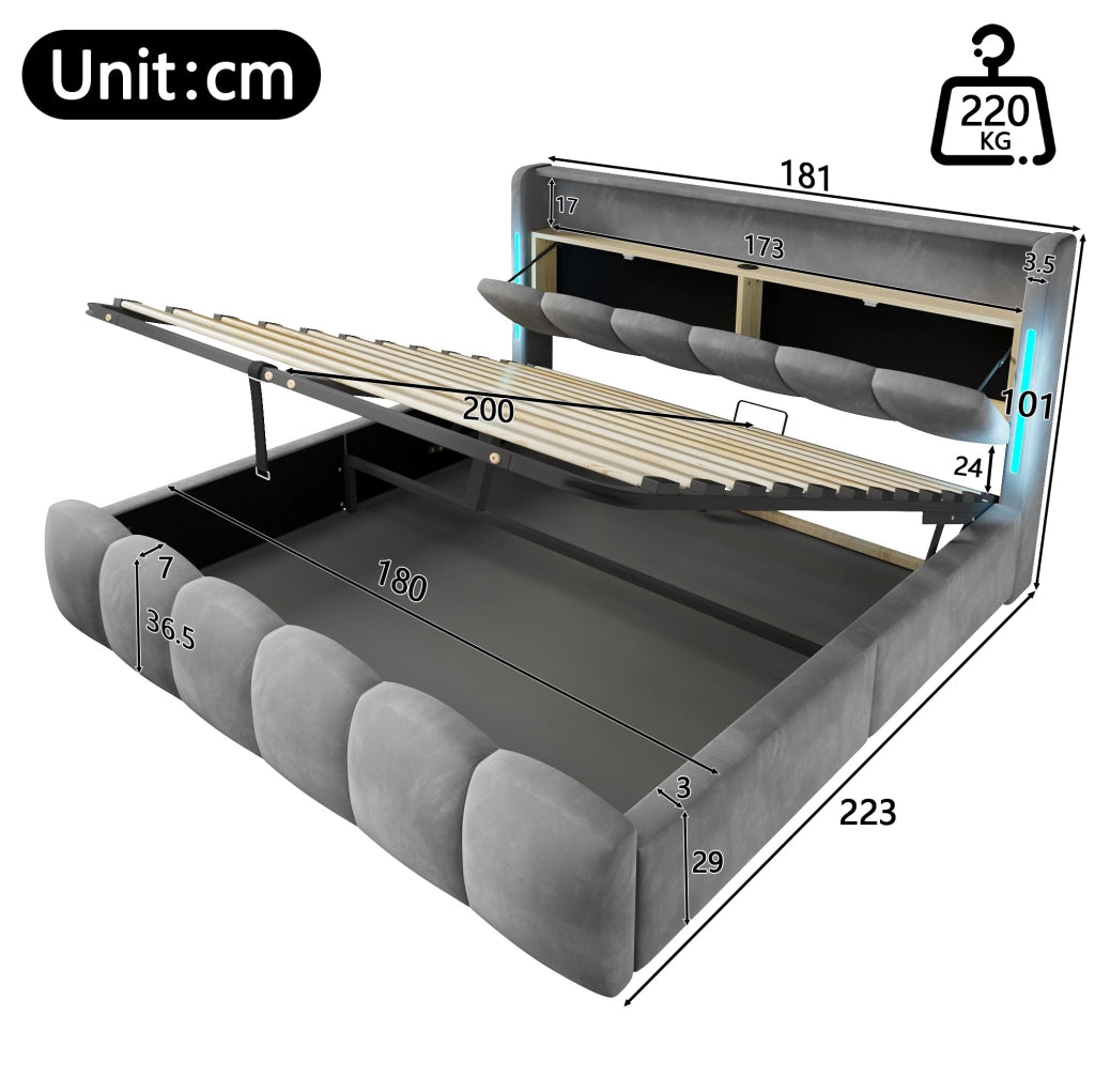 Letto imbottito 180x200 cm in velluto grigio con LED; vano contenitore e porte USB/Type-C