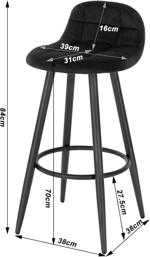 2x Sgabelli da Bar Moderni, Sedie Alte da Cucina con Schienale e Poggiapiedi, Seduta Imbottita, Sgabelli in Velluto e Metallo, Altezza Seduta 70cm, Nero BH364sz-2