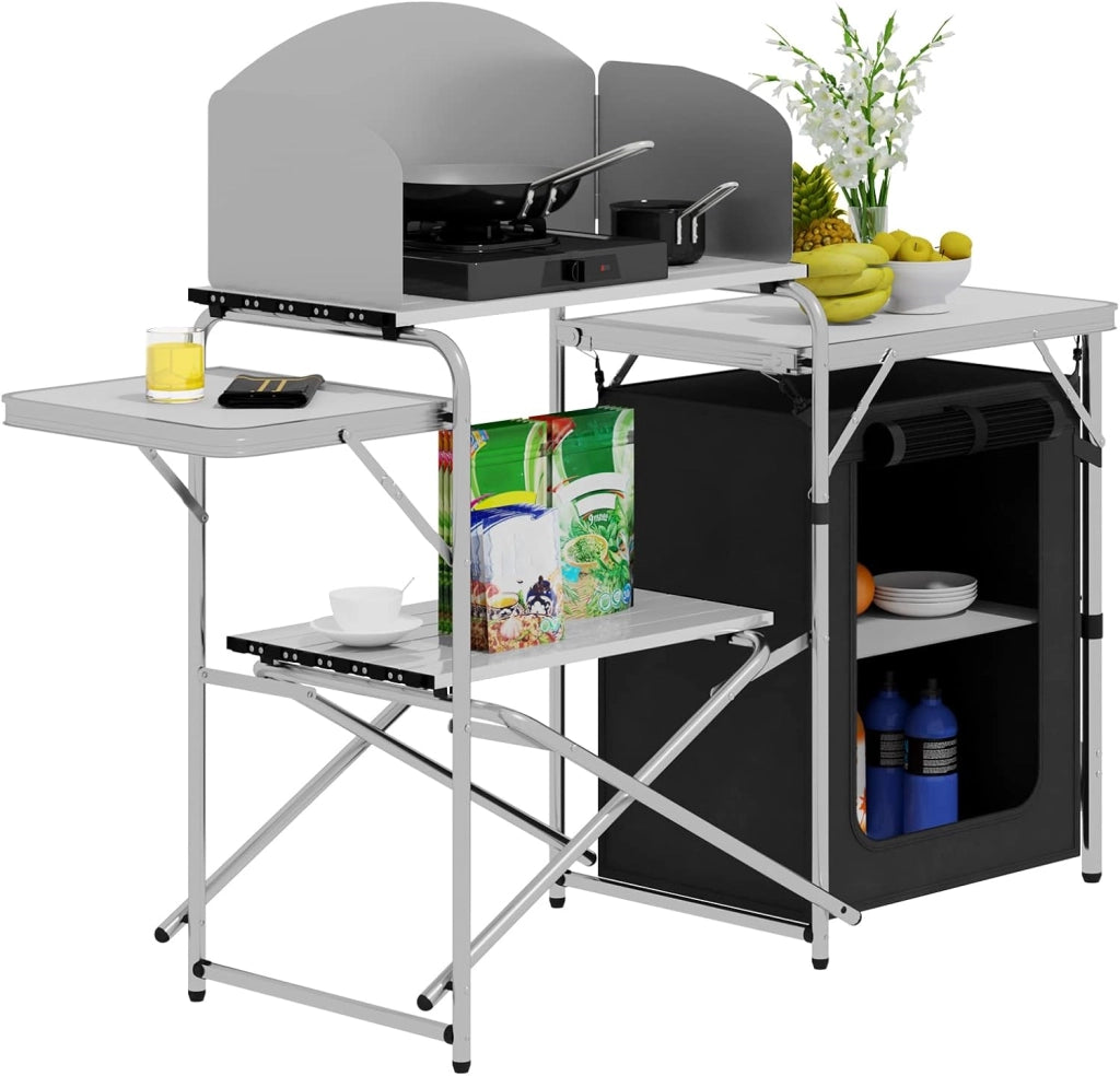 Mobile Cucina da Campeggio Tavolo Pieghevole da Giardino Armadio da Campeggio Tavolo Campeggio Tavoli a Valigetta da Balcone da Cucina in Alluminio e MDF con Sacca di Trasporto