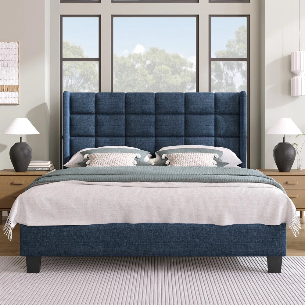 Letto imbottito matrimoniale con rete a doghe ¨C Minimal ¨C Blu lino 140x200 cm