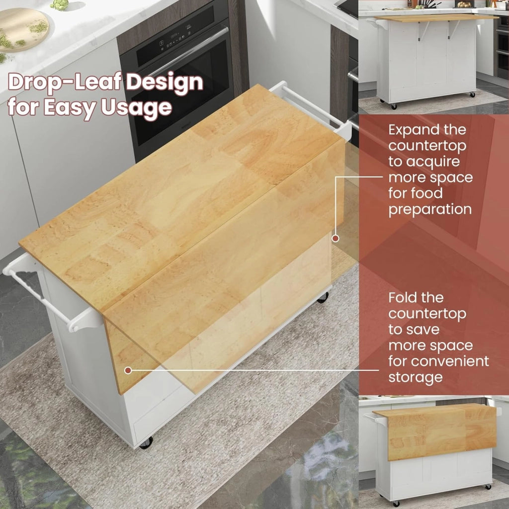 Isola cucina mobile con piano di lavoro, carrello da cucina con cassetto, portabottiglie e 2 armadi porta, carrello da portata con ruote, carrello in legno per isola cucina, 130 x 45 cm