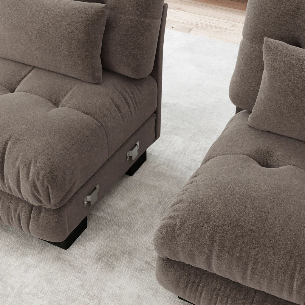 Divano modulare 220x77x81 cm in chenille marrone con cuscini lombari e decorativi