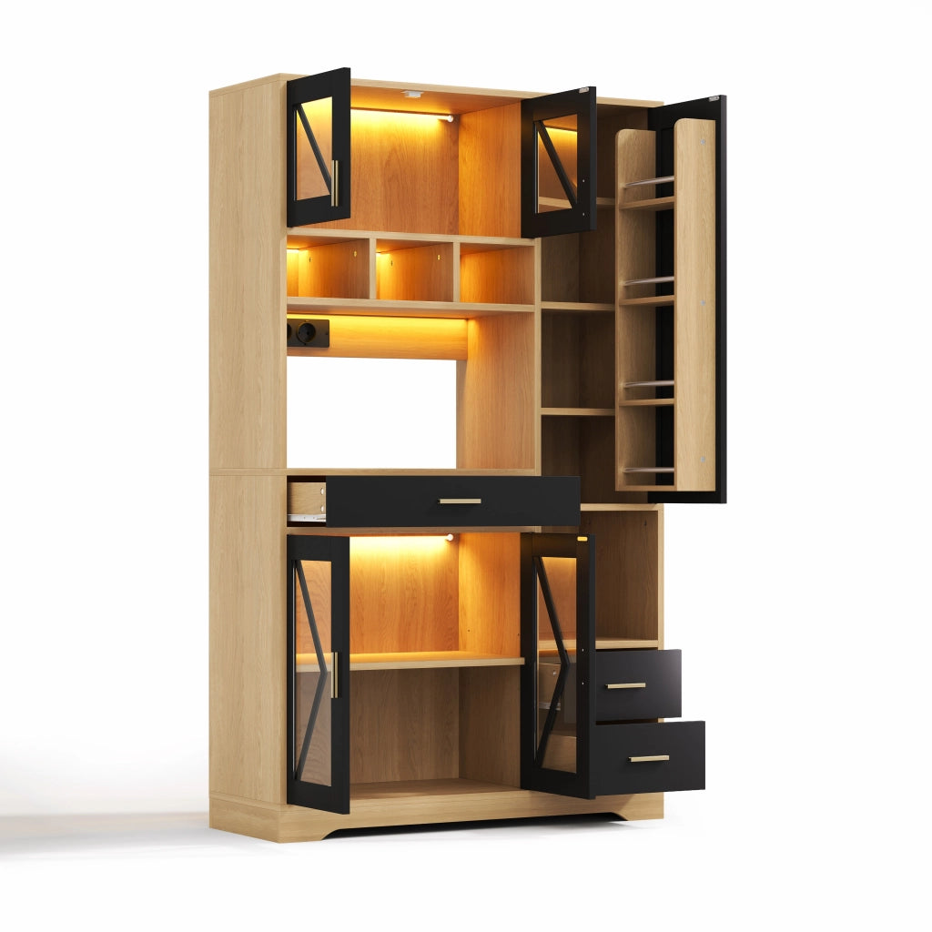 Buffet da cucina in stile vintage con LED RGB, prese e ampio spazio contenitore, 185 x 105 x 40 cm