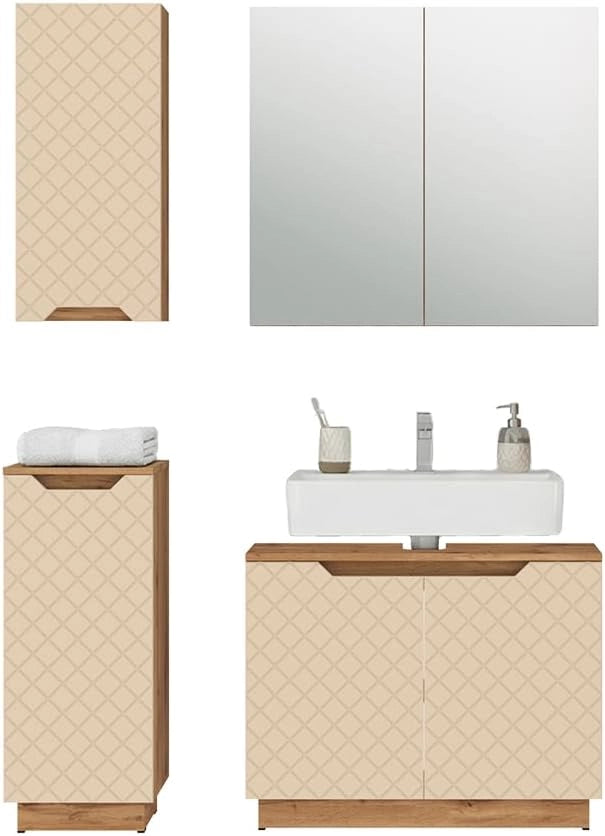 Set di mobili da bagno Lotta, Rovere/cashmere con struttura in piastrelle, 4 parti