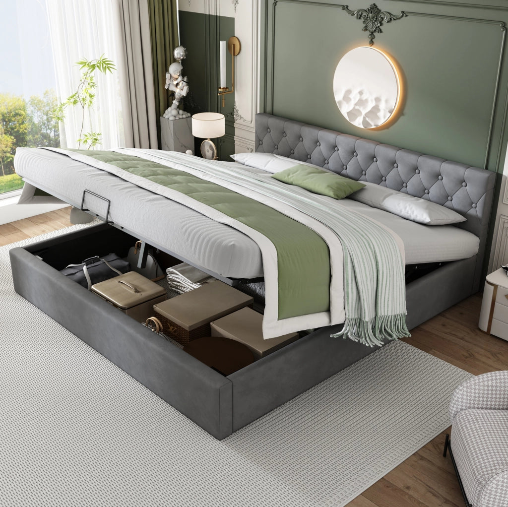 Letto imbottito in velluto con contenitore idraulico; per materasso 180x200 cm; grigio