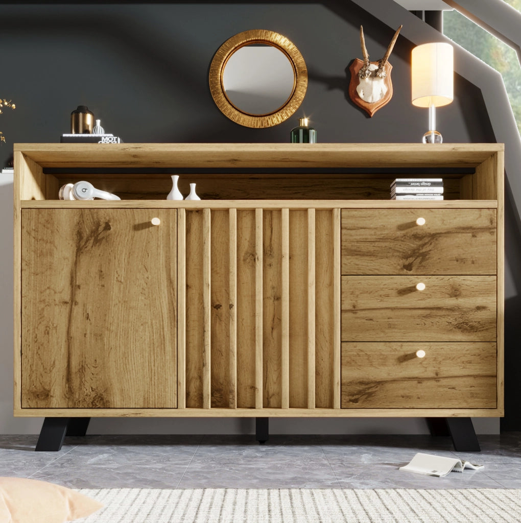 Credenza 120x40x85 cm con 3 cassetti; 2 ante e vano aperto in legno rovere scuro