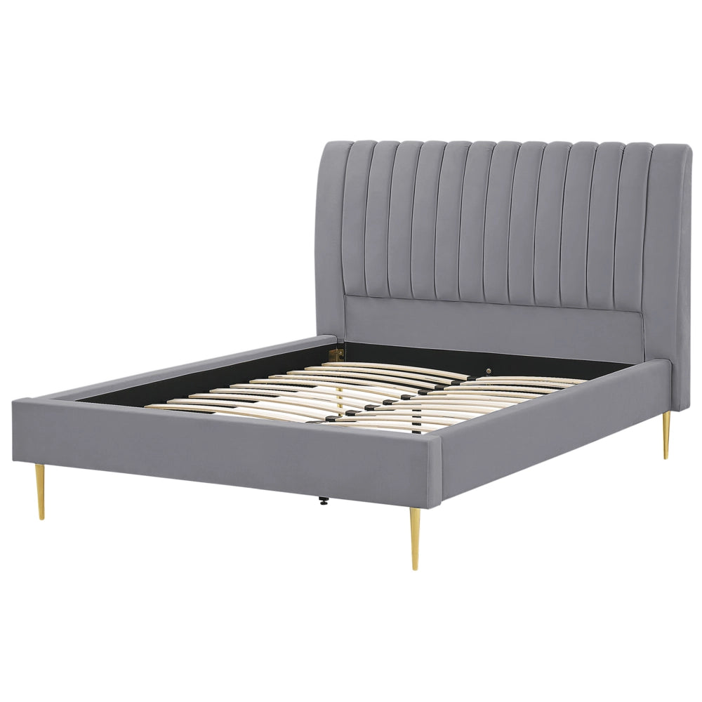 Letto imbottito velluto grigio e oro rete a doghe testiera alta 140 x 200 cm testata alta design retrò