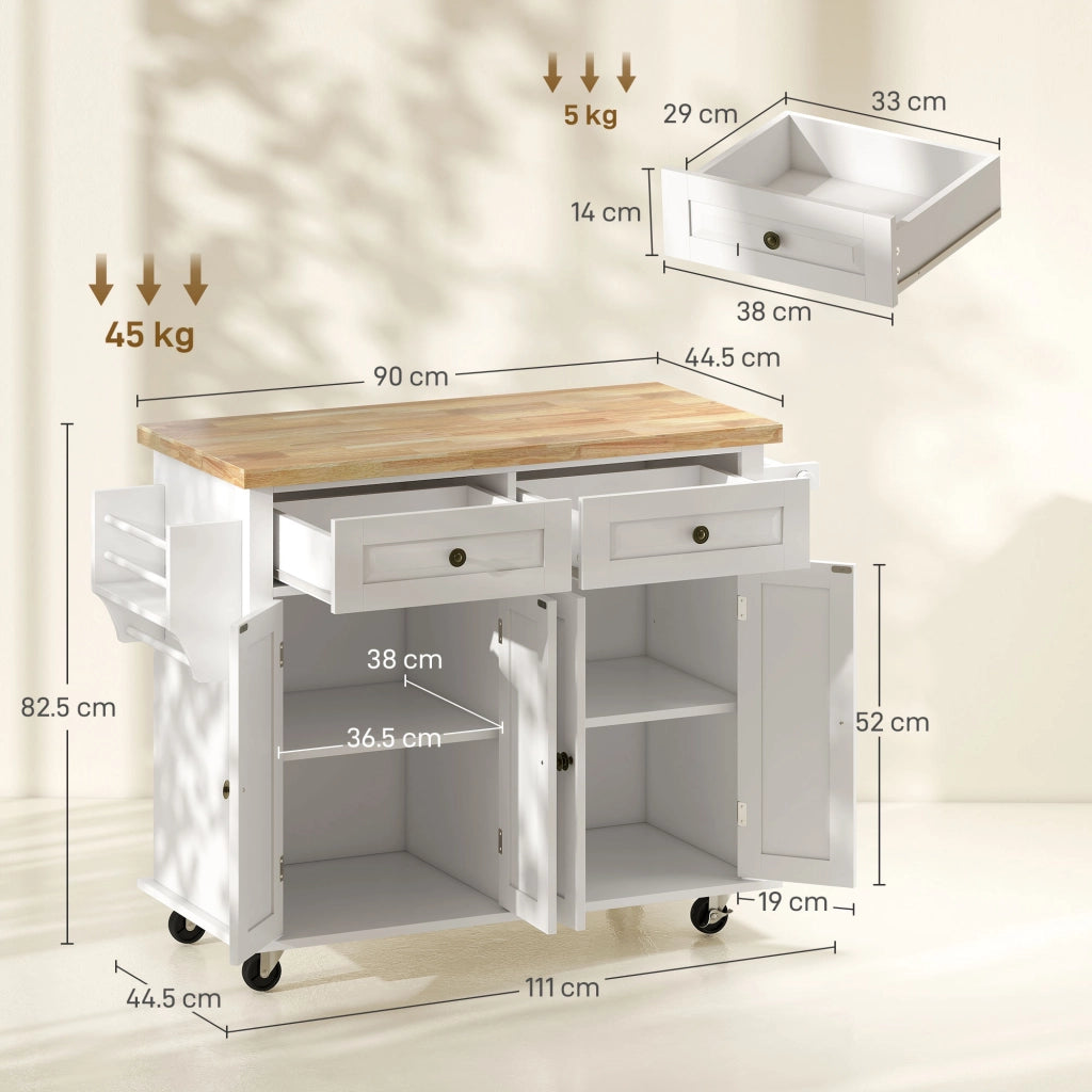 Carrello da Cucina con Ripiani Regolabili ¨C zephmum ¨C Bianco 111x44.5x82.5 cm