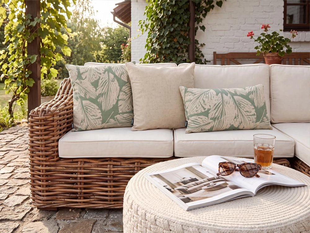 Set di 3 cuscini da esterno beige e verdi in poliestere e lino per giardino
