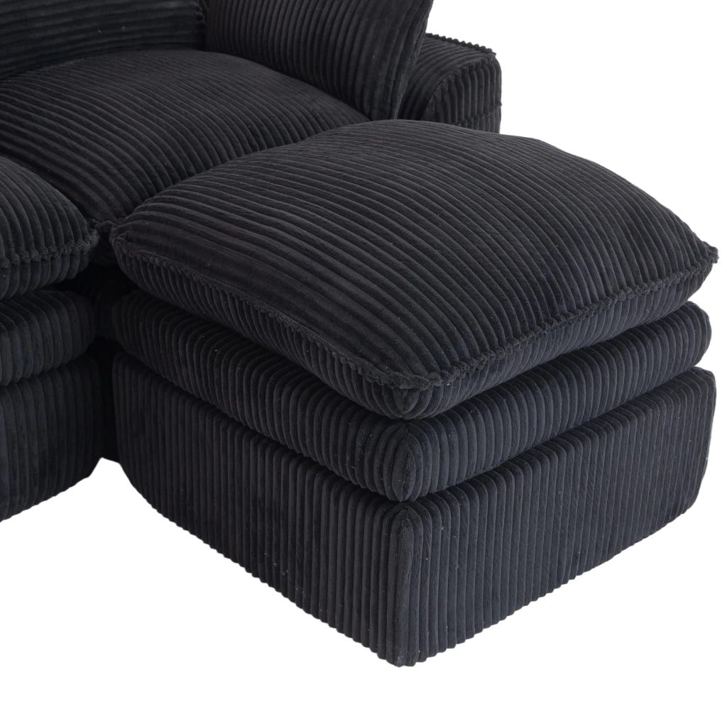 Divano modulare 4 posti in velluto con 2 pouf, cuscini e tasche laterali, schiuma a tre strati con molle, colore nero
