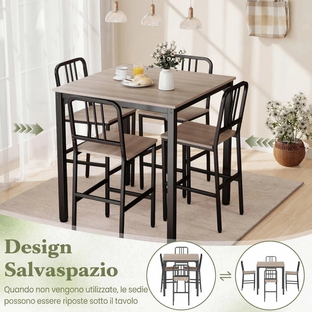 Set da Pranzo per 4 Persone, Set Cucina Bar 5 Pezzi con Superficie in Finto Marmo, Tavolo Quadrato in Legno e 4 Sgabelli Alti per Angolo Colazione e Sala da Pranzo (Grigio)
