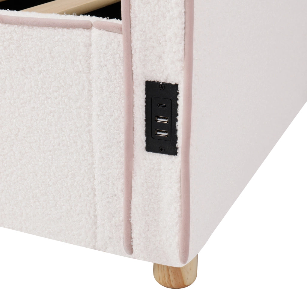 Letto imbottito 90x200 cm con contenitore idraulico, bouclé beige, con presa USB e Tipo-C