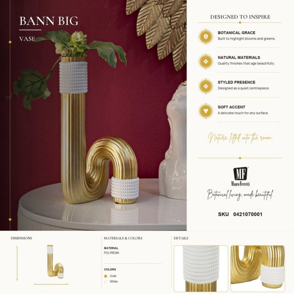 Vaso Bann Big bianco e oro in resina 15,3x30,5 cm