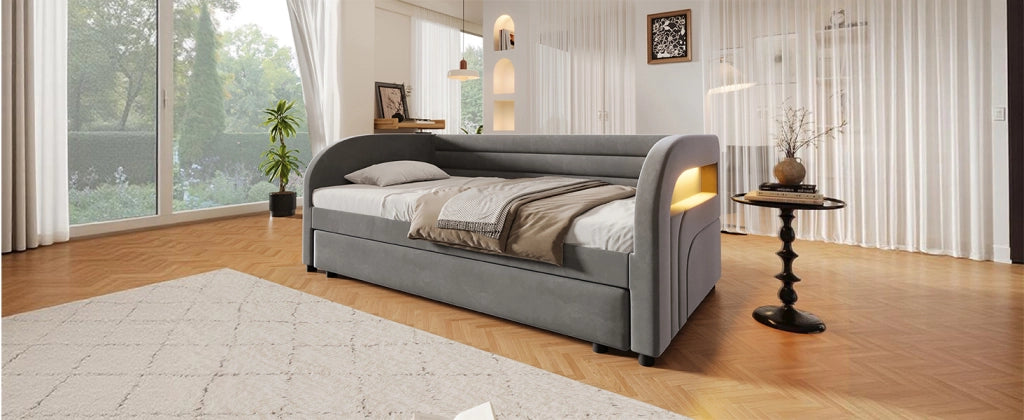 Letto singolo imbottito 90 × 200 cm con letto estraibile e LED multicolore, in flanella grigia