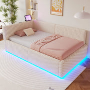 Letto imbottito 90x200 cm con LED; porte USB e contenitore idraulico; in velluto beige