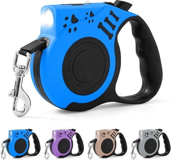 Cinturone Estensibile per Cani 5m - Con Lampada Portatile Ricaricabile per Allenamento Notturno - Telescopico Automatico - Adatto per Cani Piccoli e Medi - Blu - 1 Pezzo