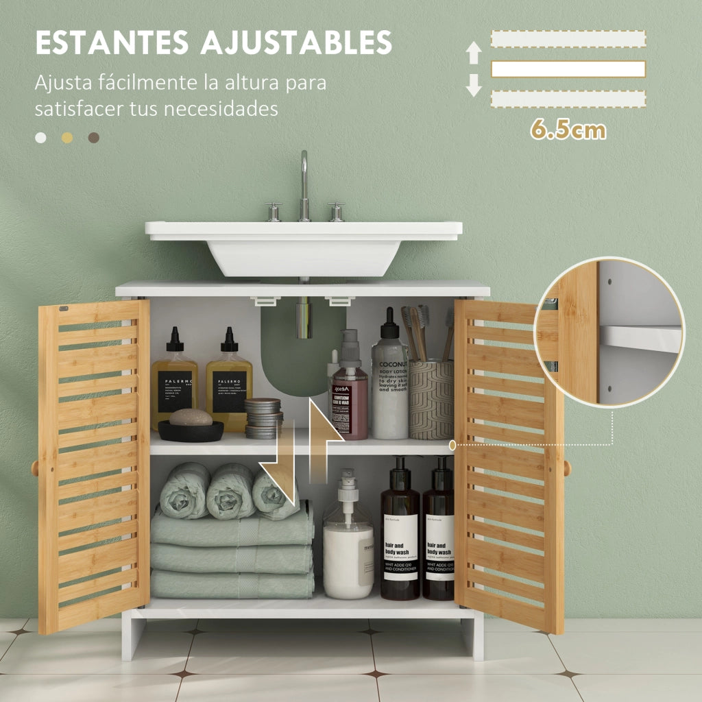 Mobiletto Sottolavabo con Ante Magnetiche in Bamb¨´ e Ripiano Regolabile ¨C Zephmum ¨C Bianco e Naturale 60x30x60 cm