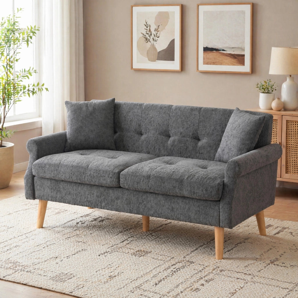 Divano a 2 posti in tessuto Chenille grigio, struttura in legno massello, seduta imbottita 15 cm