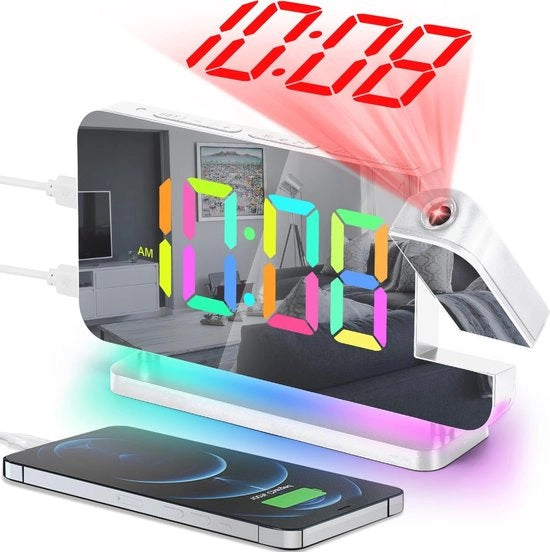 Proiettore con Proiettore Girevole e Porte USB di Ricarica - Orologio Digitale Moderno con Display Grande e Lampada RGB Notturna