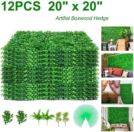 Pannello di Buxus Artificiale da 12 pezzi, 50,8 x 50,8 cm, realizzato con 100% Polietilene Ecowatt, base di pannello robusta per balconi, hotel e feste