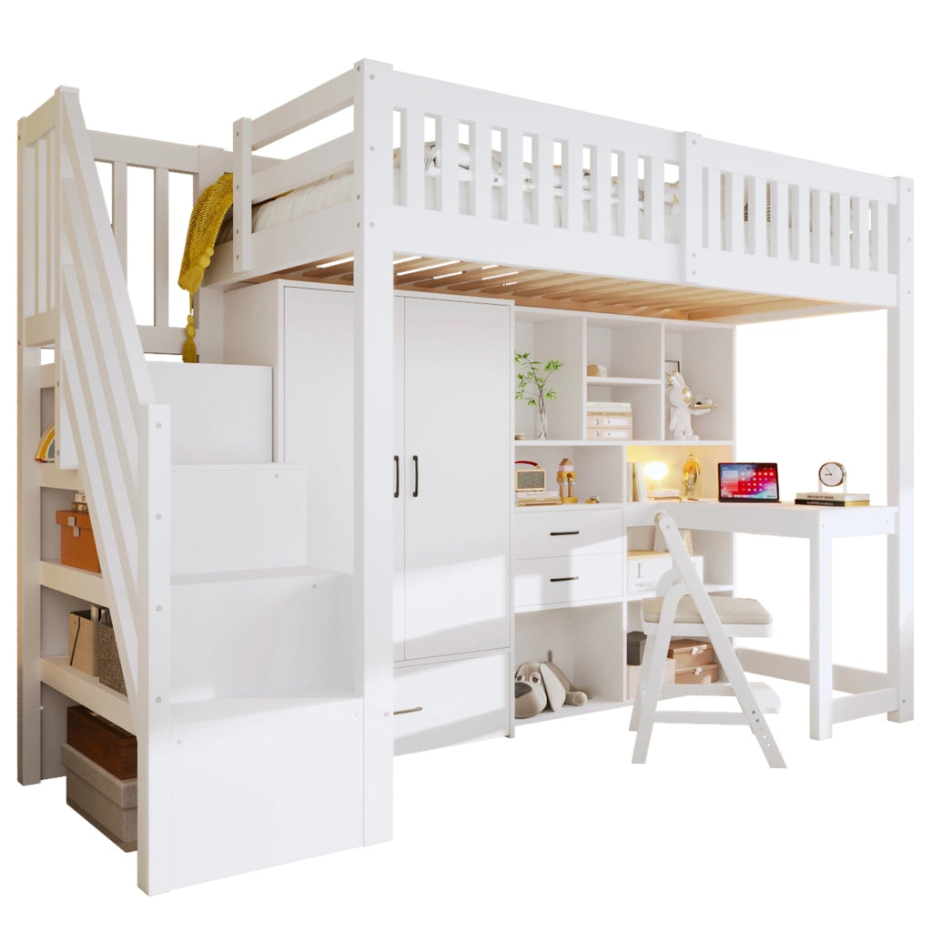 Letto a soppalco con scala contenitore, armadio e scrivania, 90x200 cm, bianco