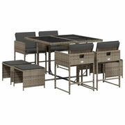 Set da Pranzo da Giardino 9 pz | Set Salotto da Giardino con Cuscini in Polyrattan Grigio