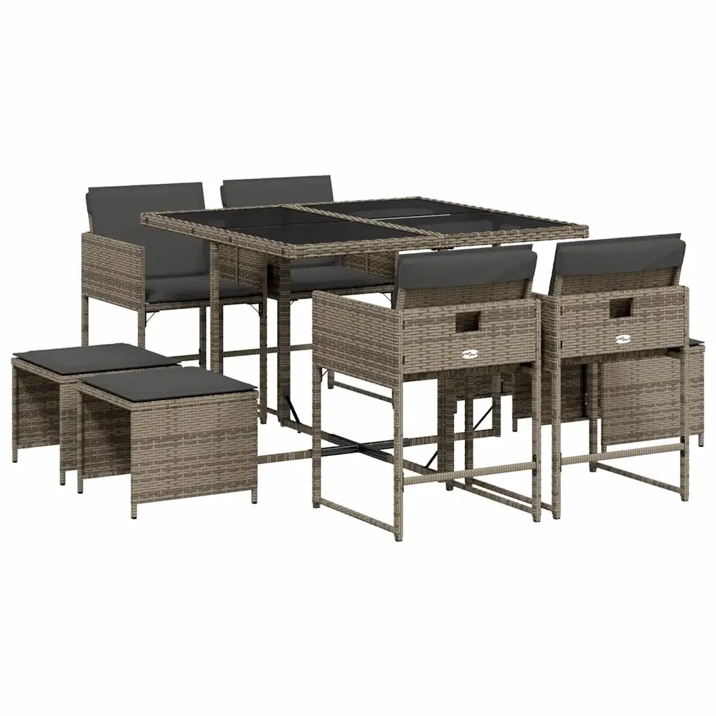 Set da Pranzo da Giardino 9 pz | Set Salotto da Giardino con Cuscini in Polyrattan Grigio