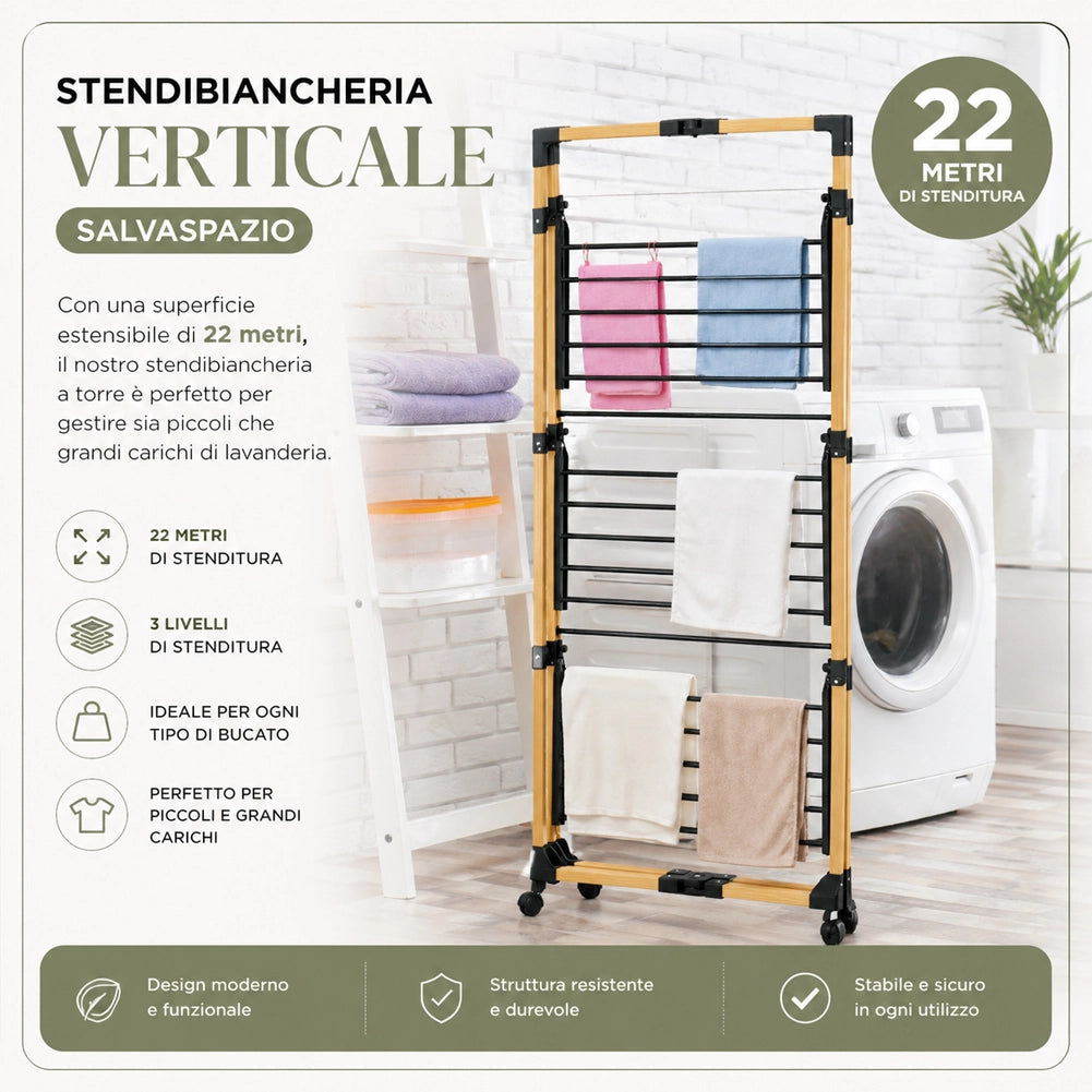 Stendibiancheria a Torre Verticale Pieghevole a 3 Livelli 69x136x69cm con Ruote