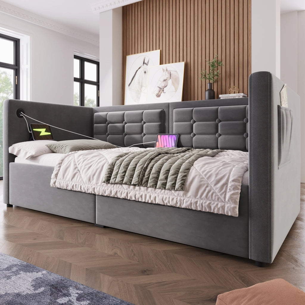 LETTO Divano letto 90x200 cm in velluto grigio con contenitore e USB Type-C