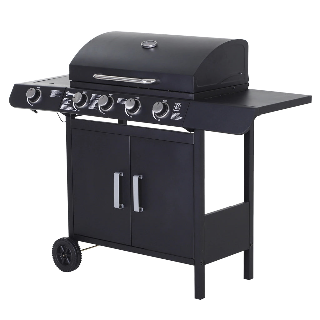 Barbecue a Gas a 5 Fornelli con Ripiani Laterali e Armadietto, in Acciaio e PP, 125x51x100 cm, Nero