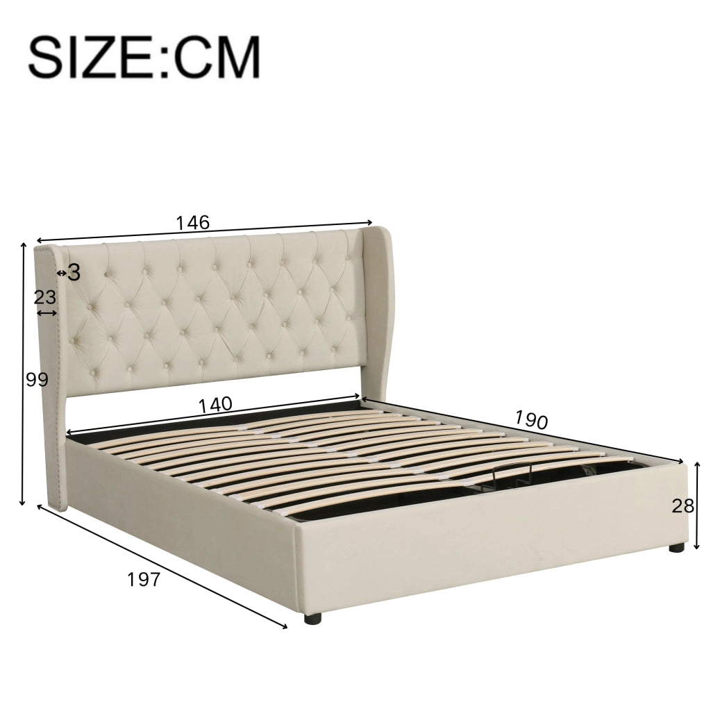 Letto matrimoniale imbottito 140x190 cm in velluto beige con contenitore e rete a doghe