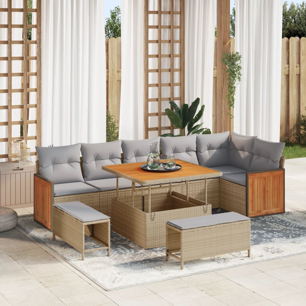 Set Divano da Giardino 9 Pezzi con Cuscini Beige Polyrattan Acacia