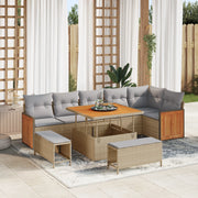 Set Divano da Giardino 9 Pezzi con Cuscini Beige Polyrattan Acacia