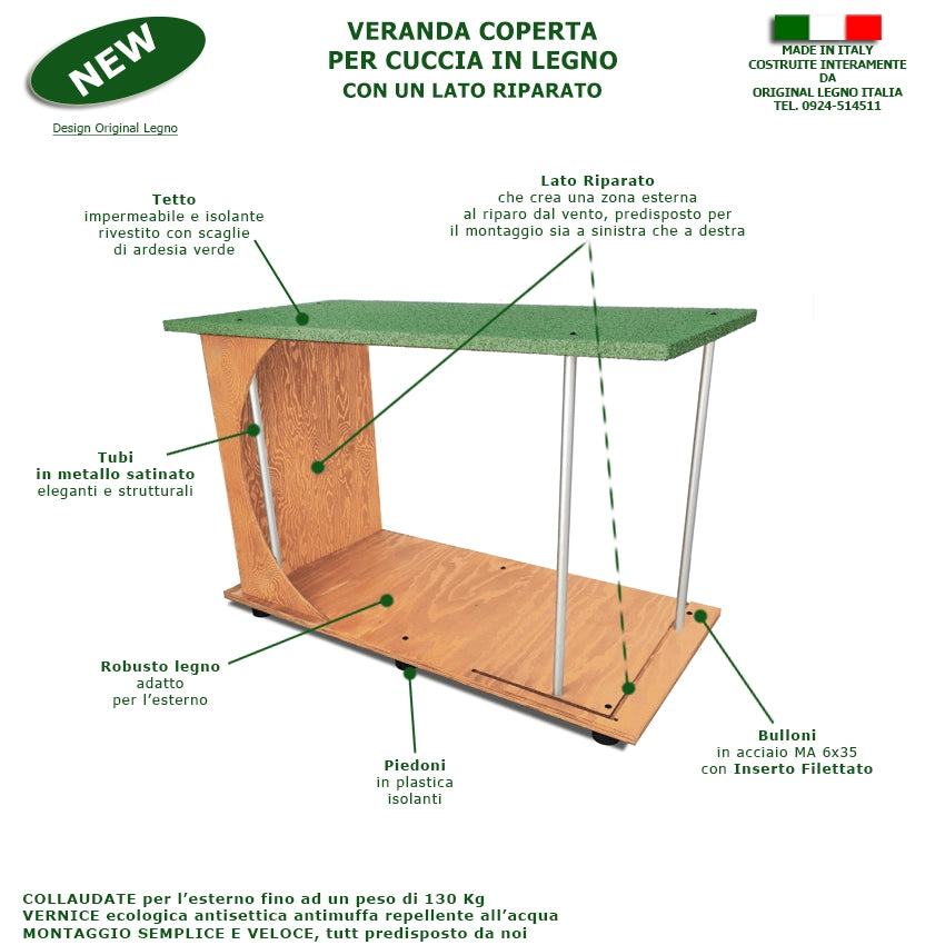 CUCCIA IN LEGNO DA ESTERNO MODELLO 4XL GIGANTE CON DUE INGRESSI E VERANDA COPERTA SENZA SEPARÈ CON "TENDINE OMAGGIO" L.150 x P.170 x H.115