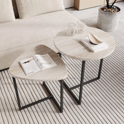 Tavolini bassi set 2 pezzi con piano a forma di cuore, per soggiorno, in truciolare e metallo, rovere americano