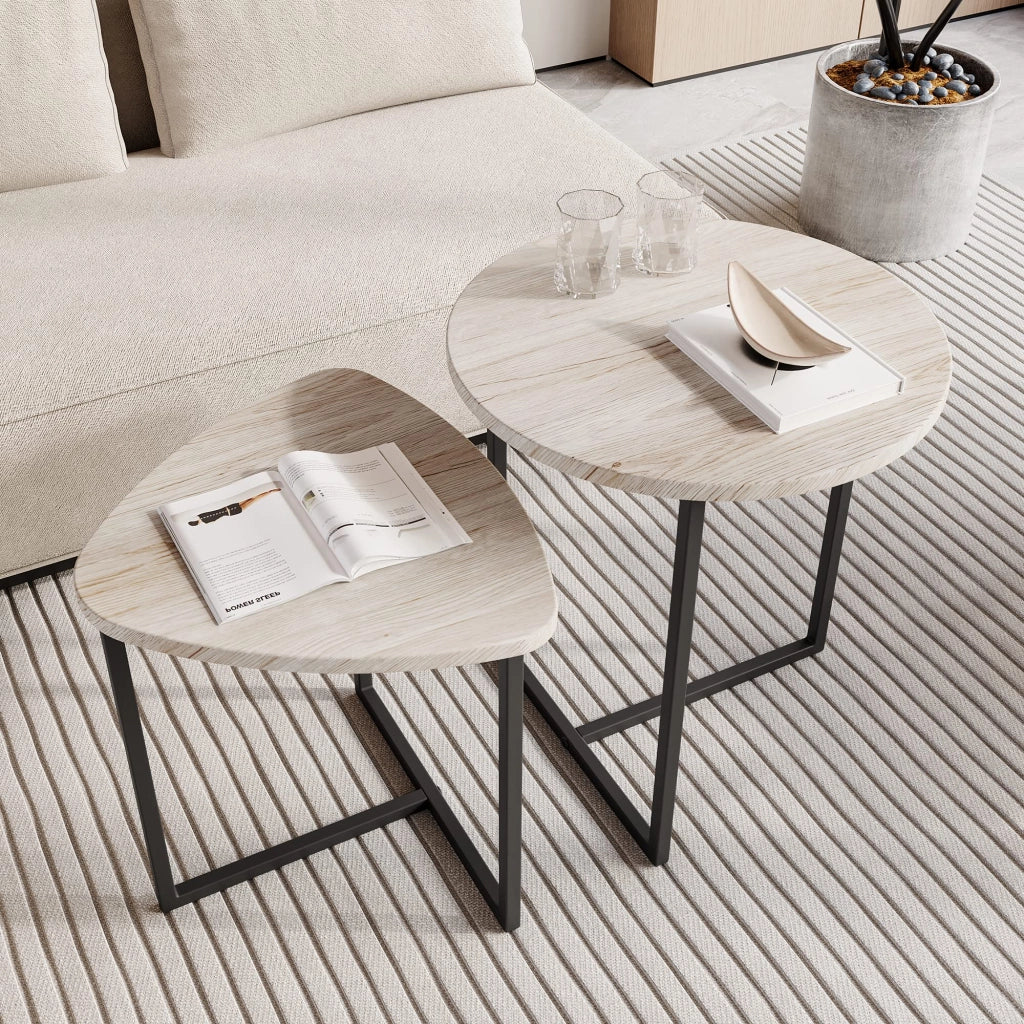 Tavolini bassi set 2 pezzi con piano a forma di cuore, per soggiorno, in truciolare e metallo, rovere americano
