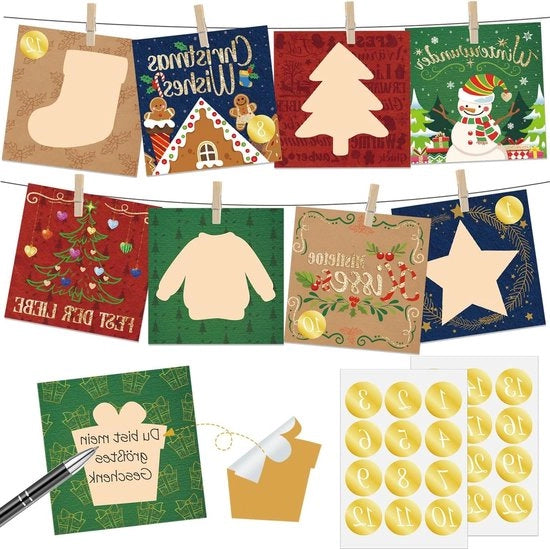Calendario da decorare per Natale - 2024 - Crea calendari da regalo - Idee per famiglia e amici - Decorazioni con adesivi, clip e filo - Disegno di un albero con foglie