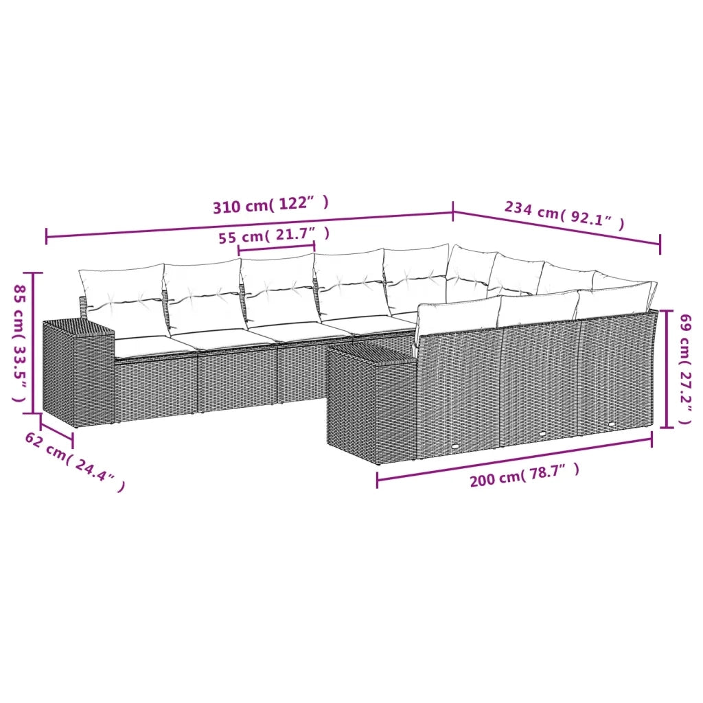 Set Divani da Giardino 10pz con Cuscini in Polyrattan Nero